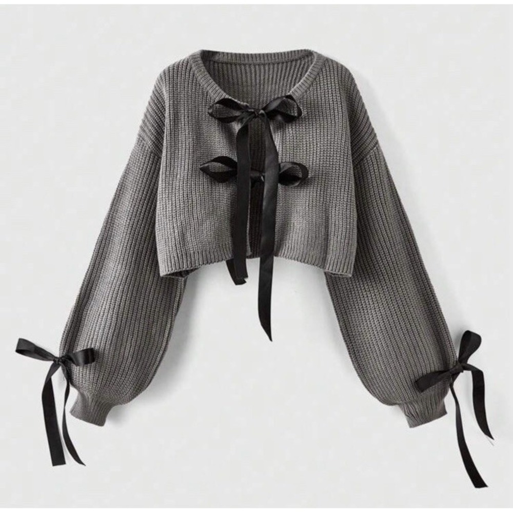 Bow Knot Knitted Cardigan Sweater SMALL Gray Jumpers Short V Neck Long Sleeves